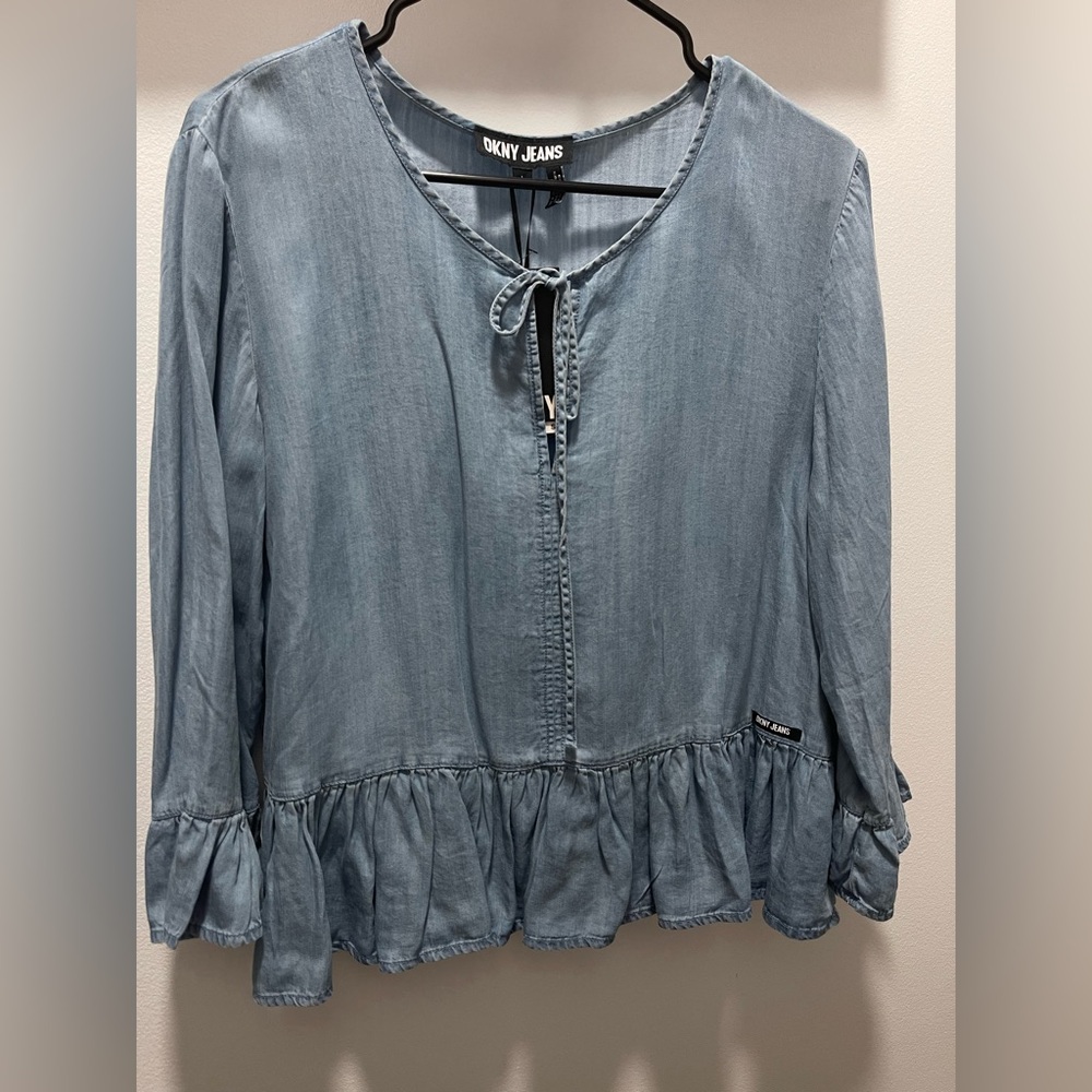 DKNY Light Blue Ruffle Hem Blouse